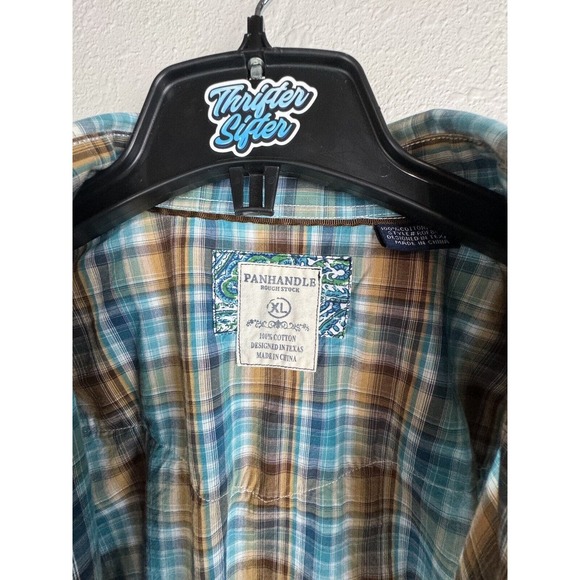 Panhandle Rough Stock XL Blue/Brown Plaid With Paisley Cuff Pearl Snap Shirt - Picture 5 of 8